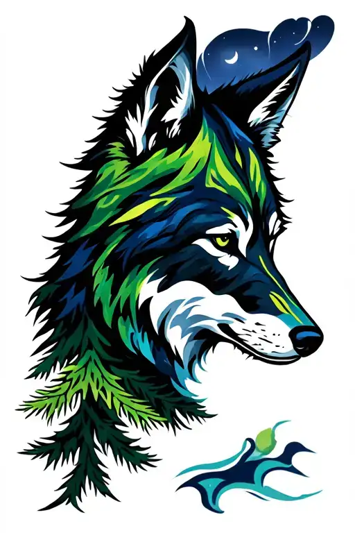 Tribal Wolf Northern Lights Pine Tree Tattoo Design