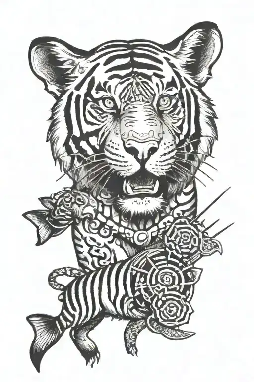 Tiger With 2 Fishes And A Target Bullseye Formed