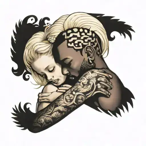 Little European Blonde Girl Sleeping In Arms Of Muscular Black Male