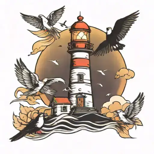 Lighthouse With 4 Birds Flying Around It