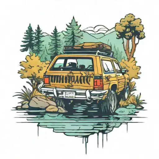 Jeep Cherokee Infront Of Nature Scene Lake Surrounded By Trees