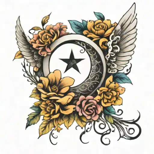 Half Crescent Moon With Angel Wings And Flowers Small