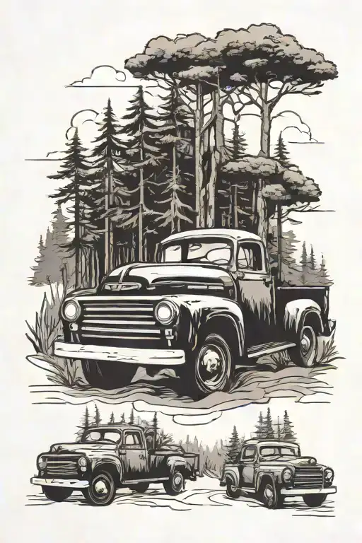 A Detailed Blackwork Tattoo Of A Vintage Pickup Truck Driving Through A Forest