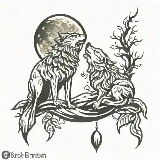 Bird And Wolf Howling Moon