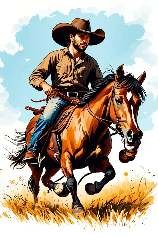Cowboy Riding A Horse Galloping Through A Field