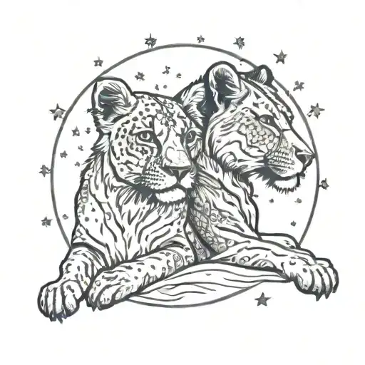A Lioness And Cub Under A Starry Night Sky Full Moon
