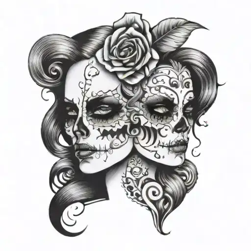 Woman Face Half Skull Adorned