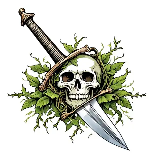 Skull With Sword Through It Covered In Vines