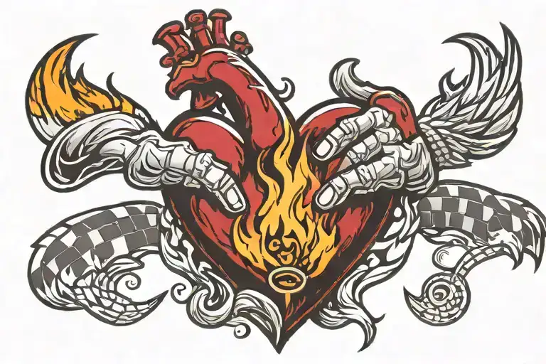 Hand Holding A Heart While Is On Fire On Chessboard Background