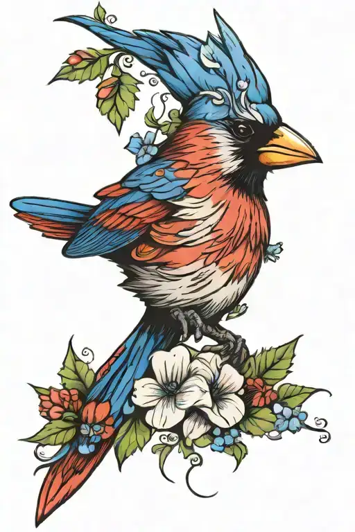 Cardinal And Blue Bonnet Flower