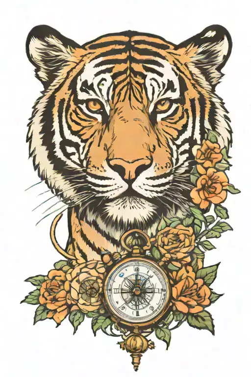 Tiger Cubs Mama Tiger Protecting Woods In Background Transitioning From A Compass