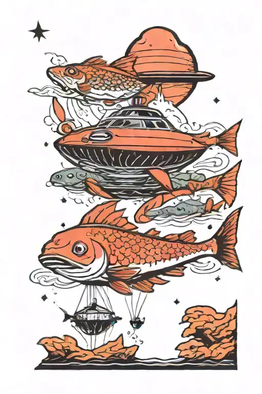 A Ufo Abducting A Fish From A Mountain Lake Scene