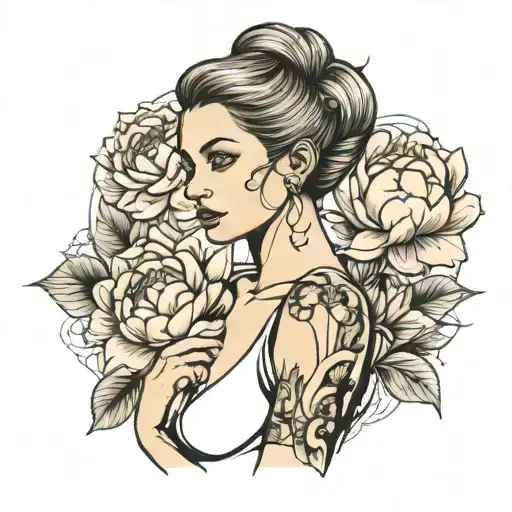 Linear Tattoo Female Model With A Peony