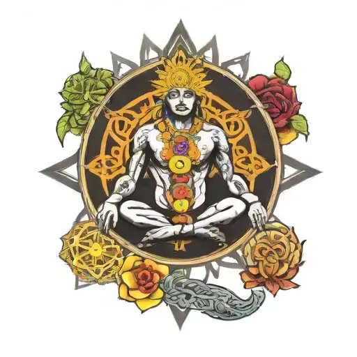 Six Chakras Yoga On A Black Colored Shied With Two Swords Crossed