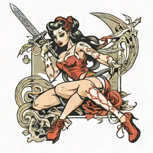 Pin Up Girl Holding Sword Surrounded My Music Notes