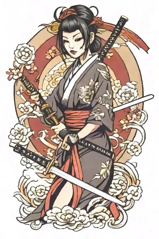 Beutiful Japanese Woman Holding A Katana Swords