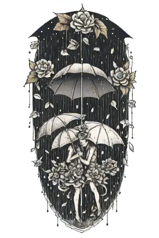 Raining With An Umbrella Made Of Flowers With Two Baby Umbrellas