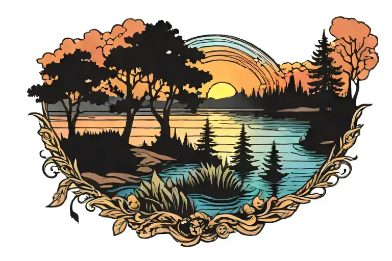 River And Trees Colors Sunset Over Lake Surrounded