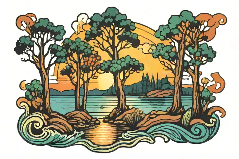 River And Trees Colors Sunset Reflecting Light Coming