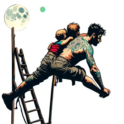 Man Climbing A Ladder With Child On His Back Up To The Moon