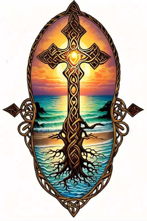 Celtic Cross Tree Of Life Beach Sunset