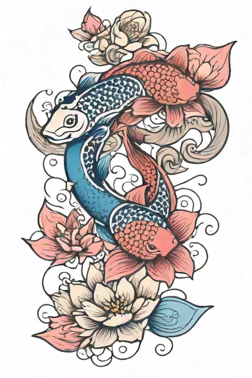 Red Koi And Blue Koi With Pink Lotus Flower Intertwined