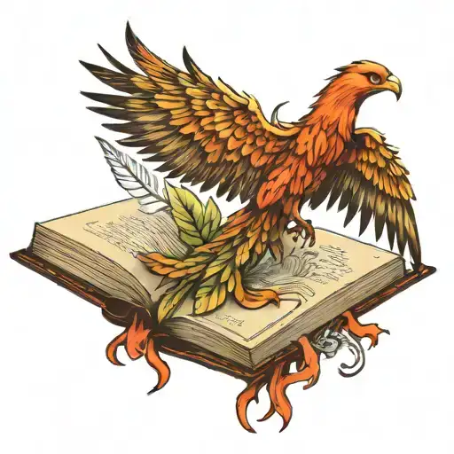 Realist Tattoo Open Book Bottom Phoenix Feather Coming Out Background Abok Book Nature Detailed