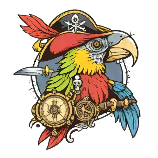 Parrot In A Pirate Hat With A Compass With An Hourglass