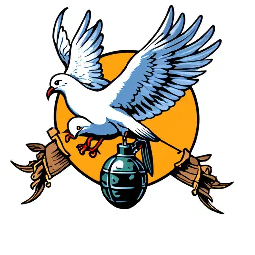 A Flying White Dove Holding A Hand Grenade In Its Claws