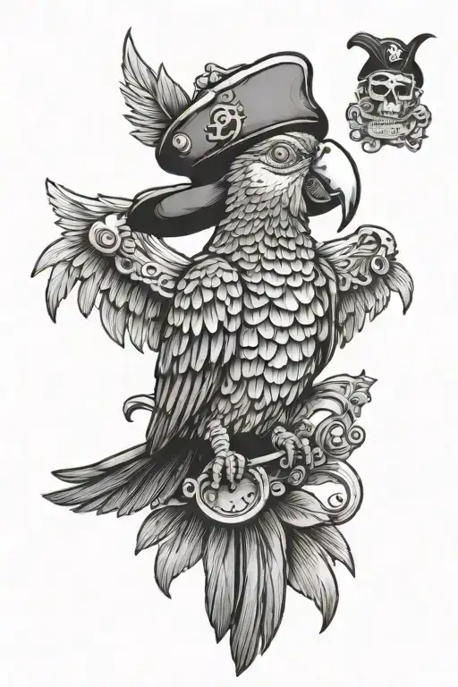 Parrot With Pirate Hat And Old School Tattoo Details
