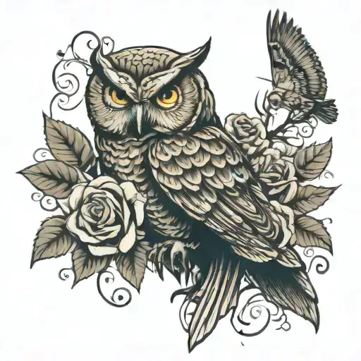 Owl With Skull And Roses