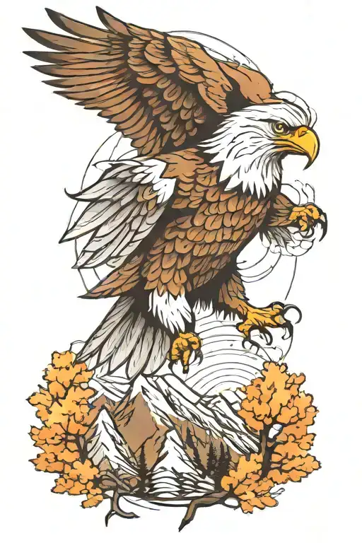 Eagle In The Middle Surrounded By Trees And Mountains