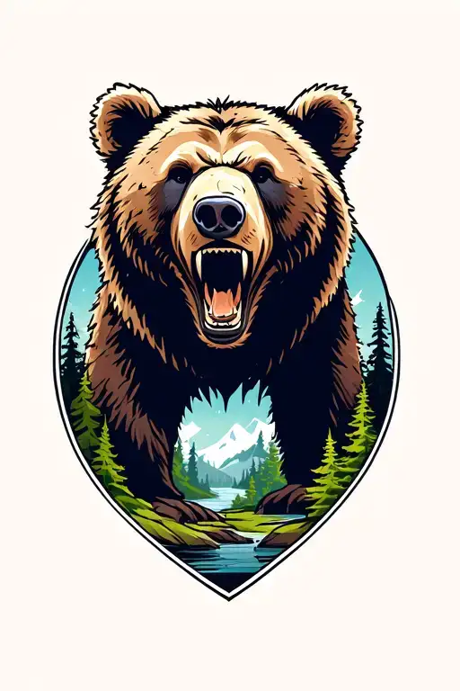 Bear Roaring Head In Forest Landscape