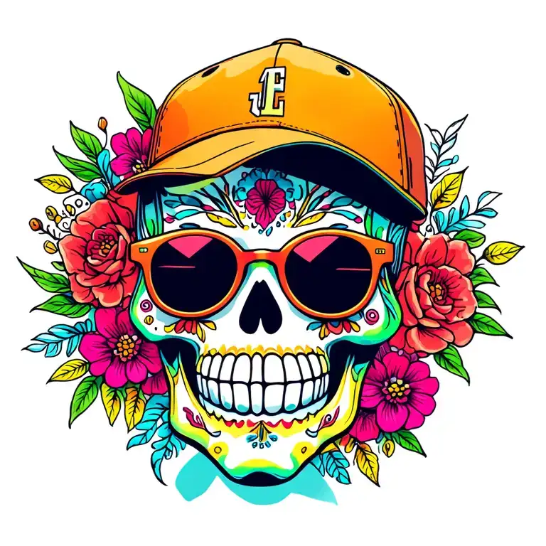 Colorful Sugar Skull Wearing Sunglasses And Ball Cap