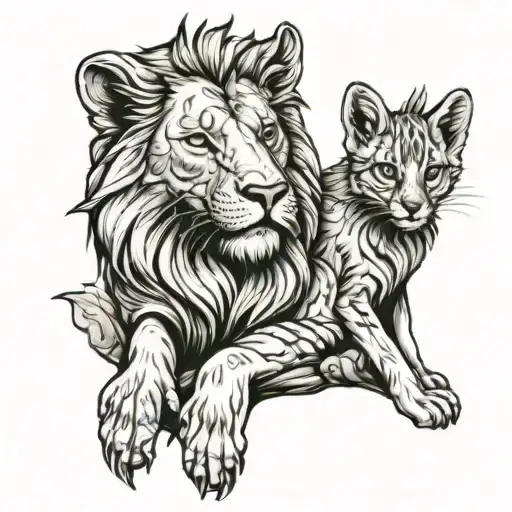 An Adult Lion Sat With A Baby Fox Looking Forward