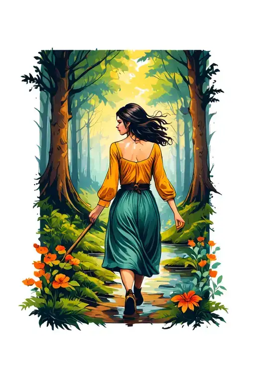 Woman Walking In The Forest Landscape