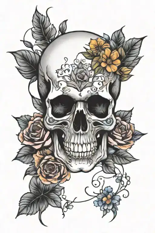 Single Blackwork Skull And Colorful Flowers Growing Inside