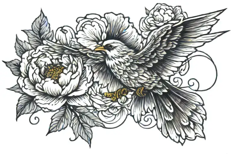 Bird Flying Peony Flower Intertwined