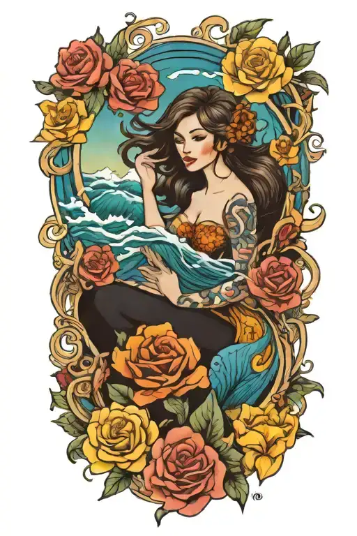 Fairy And Marigolds And Roses And Ocean Waves Flowing