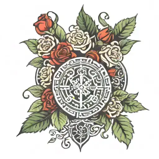 Viking Vegvisir Symbol Surrounded By Red Roses With Green Leaves