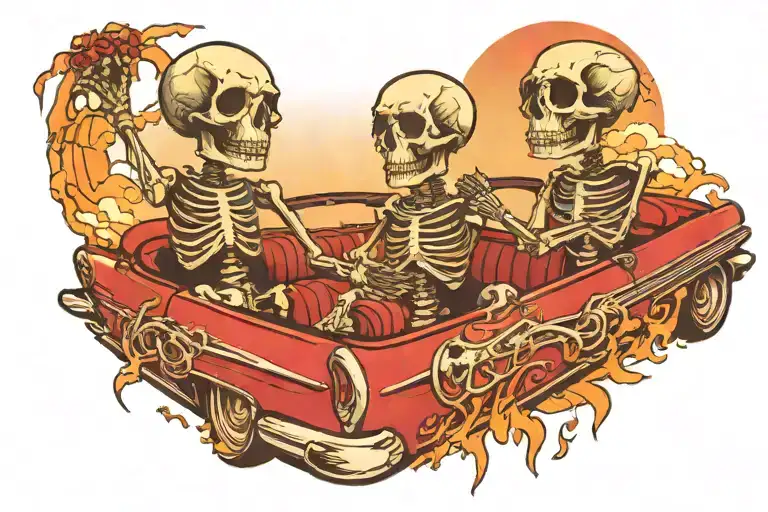 Skeletons Holding Hands In A Red Convertible With The Sunset As The Background