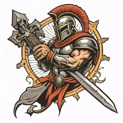 Spartan Holding Swordwith A Cross Made