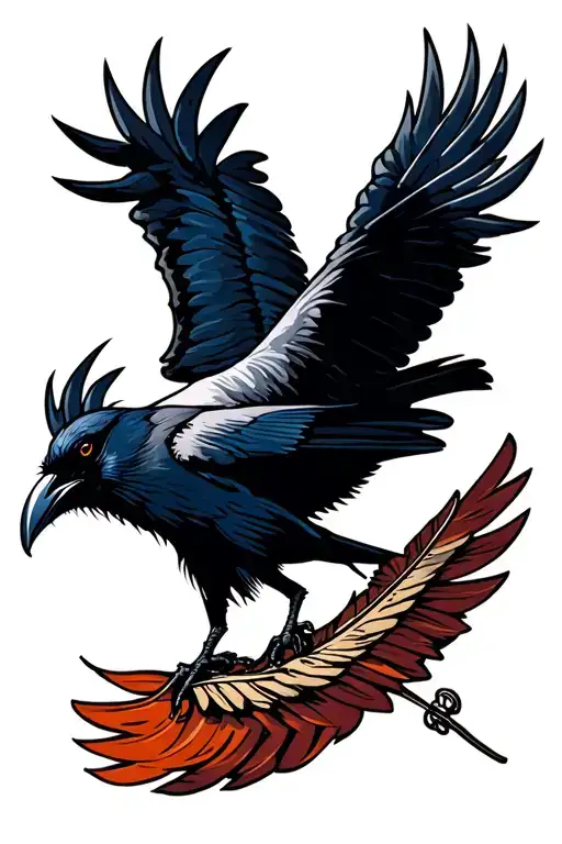 Attacking Raven Flying Holding One Magpie Feather