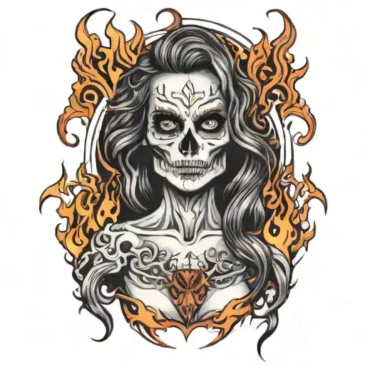 Skull Made Out Of Flames With Sexy Devilish Woman Standing Front Centre