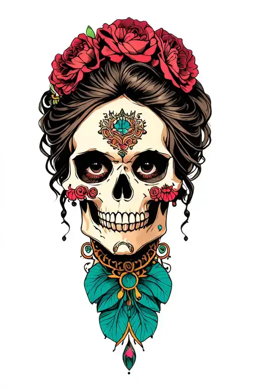 Neotraditional Women Face With Skull