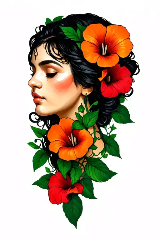 Realistic Woman Face With Morning Glory Vines Wrapped