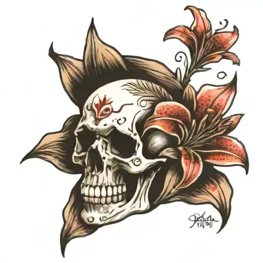 Skull With Small Stargazer Lily Flower