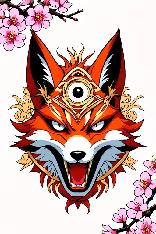 Menacing Kitsune Mask With 3Rd Eye On The Forehead Surrounded By Cherry Blossoms