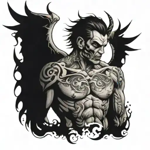Huge Detailed Black Ink Chest Tattoo Half Devil Half Angel Face