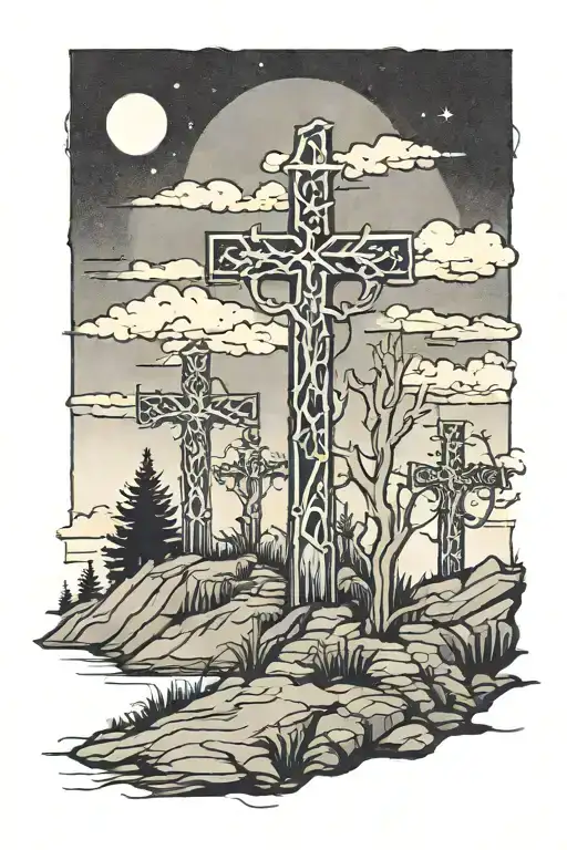 3 Crosses On A Hill Dark Sky